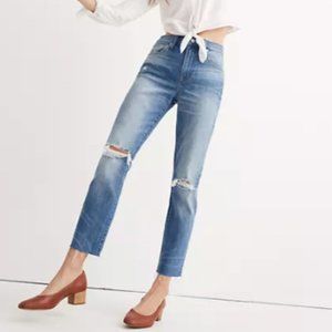 Madewell The High-Rise Slim Crop Boyjean: Knee-Rip Edition in Blue sz 28